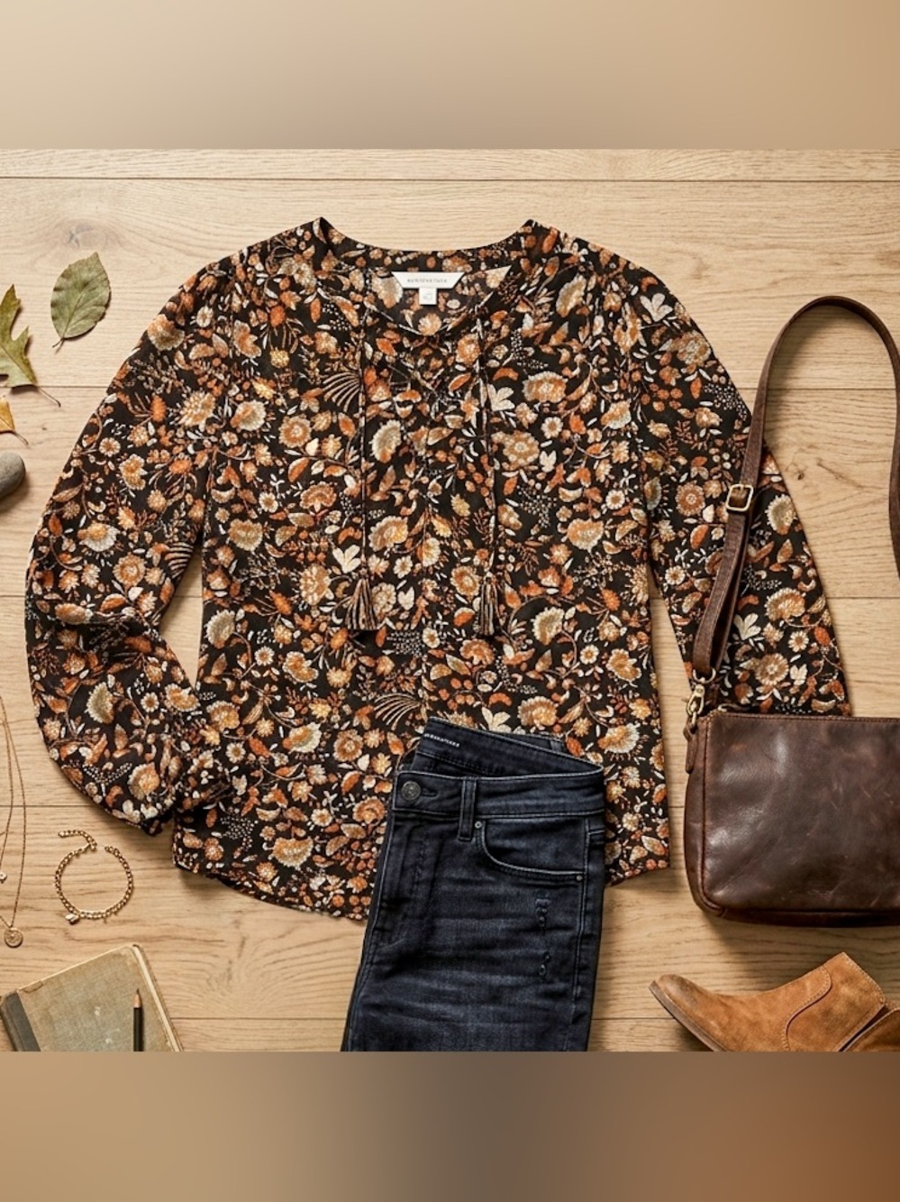 ANA Long Sleeve Semi-Sheer Dark Floral Peasant Blouse Size Large